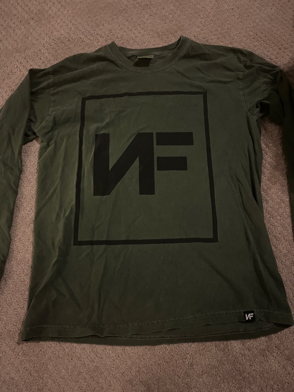 NF Real shirt. Olive Green Long Sleeve Shirt with Black Graphic